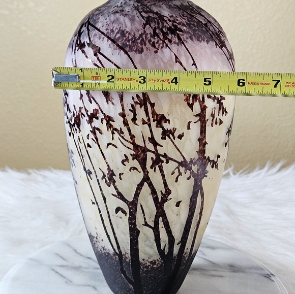 Acid Etched Cut Vase 12” Tall Trees Cameo Glass Amethyst Beige Art Nouveau Style - Picture 6 of 6